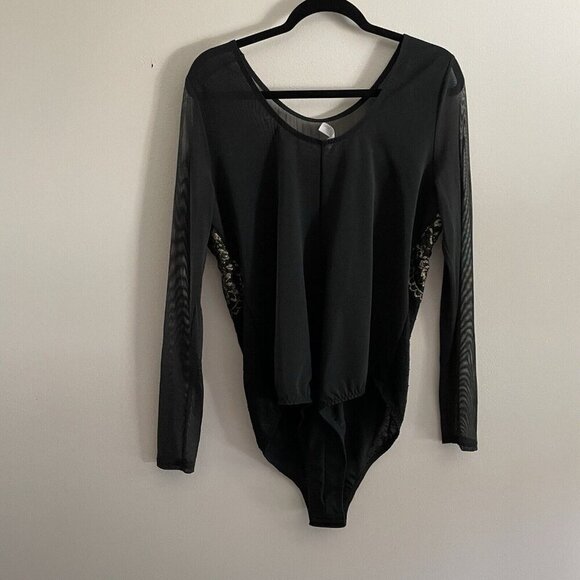 Cacique 18/20 Black Gold Metallic Lace Mesh Sheer Gothic Long Sleeve Bodysuit - Picture 11 of 12